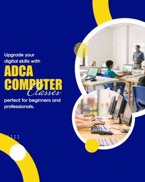 Promotional image for ADCA computer classes, showing students learning in a classroom setting.