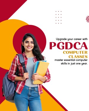 Young woman with backpack and books promoting PGDCA computer classes