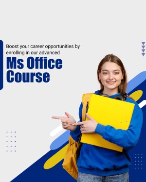 Young woman pointing at the viewer with a yellow folder, promoting an MS Office course.