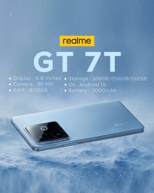 Realme GT 7T smartphone with specifications displayed against a blue icy background.