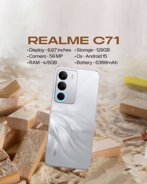 Realme C71 smartphone with specifications displayed