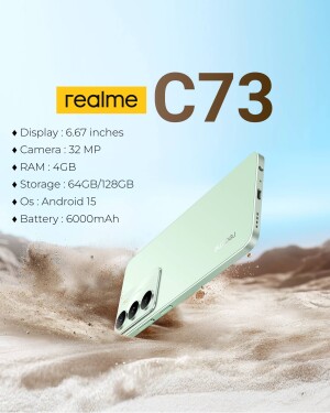 Realme C73 smartphone in mint green color with specifications displayed