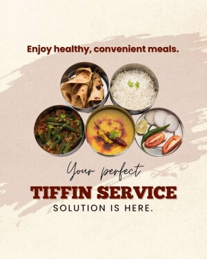 Image of a tiffin box with various Indian dishes.
