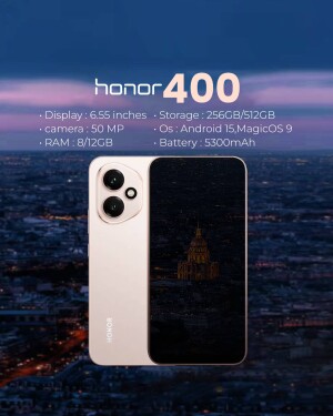 Honor 400 smartphone with specifications displayed against a city skyline background.