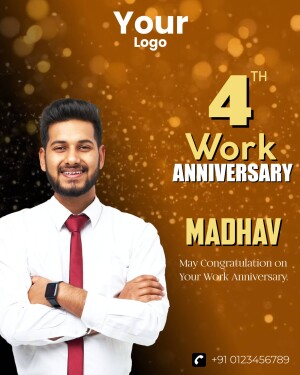 Image celebrating Madhav's 4th work anniversary with a professional portrait.