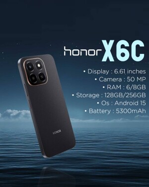 Honor X6C smartphone with specifications displayed on a blue background