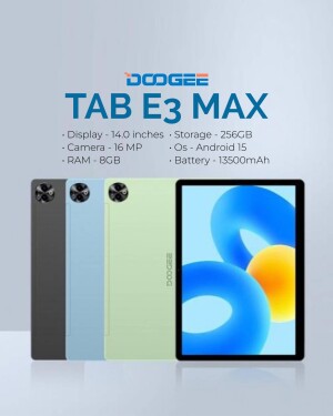 Doogee Tab E3 Max tablet in multiple colors with specifications