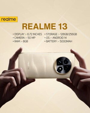 Close-up of the Realme 13 smartphone held in hands, showcasing its design and specifications.