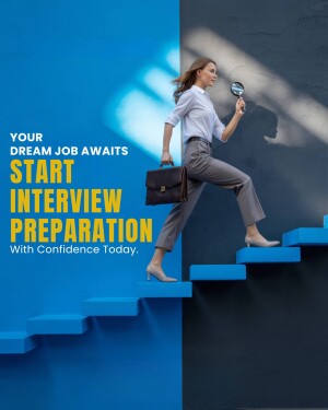Woman climbing stairs with a magnifying glass and briefcase, representing interview preparation and career advancement.