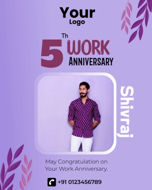 Image celebrating a 5th work anniversary with a portrait of a man.
