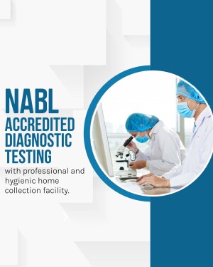 Image depicting NABL accredited diagnostic testing with a lab technician using a microscope.