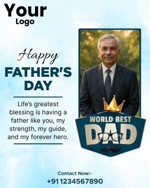 Father's Day card with a portrait of a father and a 'World's Best Dad' badge.