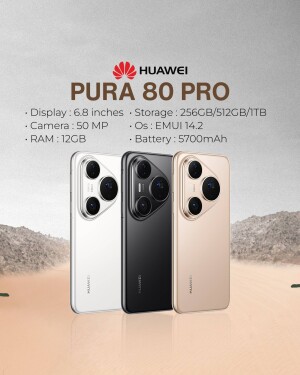 Huawei Pura 80 Pro smartphone in three colors - white, black, and gold.