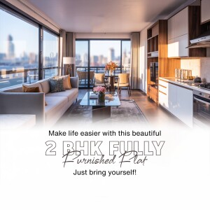 Modern living room with city view and furnished apartment advertisement