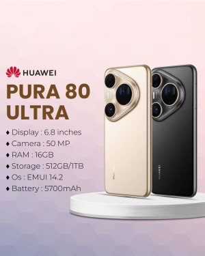 Huawei Pura 80 Ultra smartphone in gold and black colors with specifications