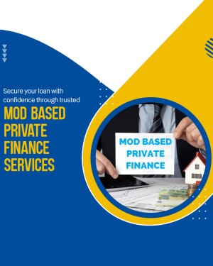 Image depicting a hand holding a card with 'Mod Based Private Finance' text, alongside a miniature house and financial documents.