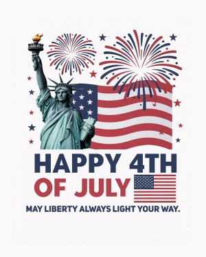 Image of the Statue of Liberty with fireworks and an American flag, celebrating the 4th of July.