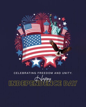 Image depicting patriotic American symbols including the Statue of Liberty, American flags, fireworks, and an eagle, with the text 'Celebrating Freedom and Unity. Happy Independence Day'.
