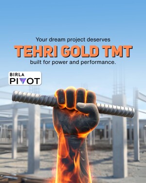 Image of a hand gripping a Tehri Gold TMT steel bar with construction background.