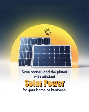 Solar panels with a sun graphic and text promoting solar power