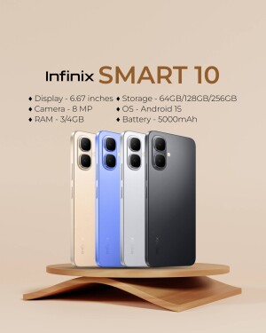 Infinix Smart 10 smartphone in multiple colors displayed on a wooden platform