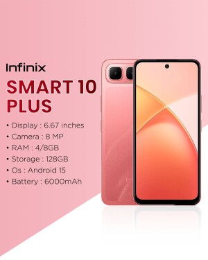 Pink Infinix Smart 10 Plus smartphone with specifications listed
