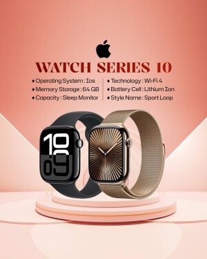 Apple Watch Series 10 in black and gold with specifications