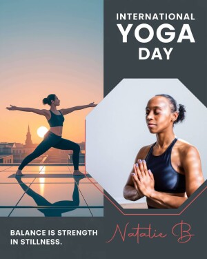 Image promoting International Yoga Day with a woman in a yoga pose against a sunset and a portrait of a woman in prayer pose.
