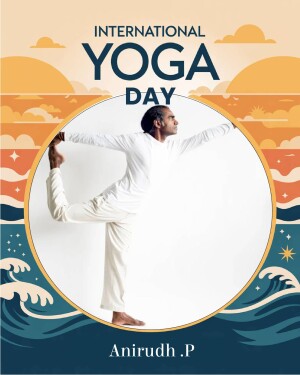 Man performing yoga pose against a sunset and ocean background for International Yoga Day