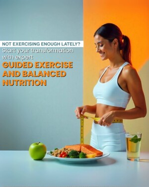 Woman measuring her waist with a tape measure, surrounded by healthy food and a motivational message.