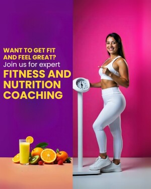 Woman on a scale with healthy food, promoting fitness and nutrition coaching.