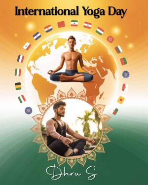 Image depicting a man meditating with a world map and flags representing International Yoga Day