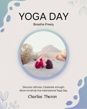 Yoga Day poster with a woman practicing yoga in a scenic landscape