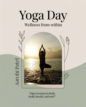 Yoga Day promotional poster with a silhouette of a person in a yoga pose against a sunset background.