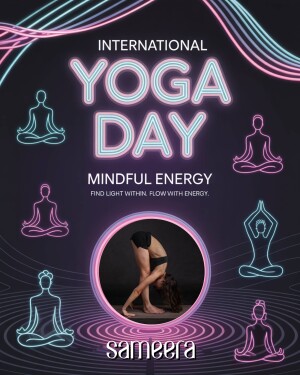 International Yoga Day promotional poster with neon-style graphics and silhouettes of people in yoga poses.