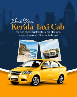 Kerala Taxi Cab advertisement with images of beaches, backwaters, and a yellow car.