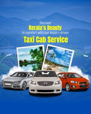 Kerala Taxi Cab Service advertisement featuring scenic landscapes and cars.