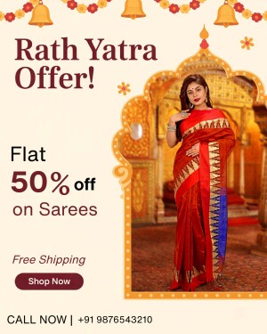 Woman in red saree promoting a Rath Yatra sale