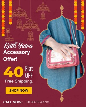 Rath Yatra sale advertisement featuring a woman with a handbag and a promotional offer.