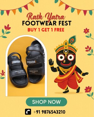 Rath Yatra footwear sale featuring Fendi slides and Lord Jagannath illustration.