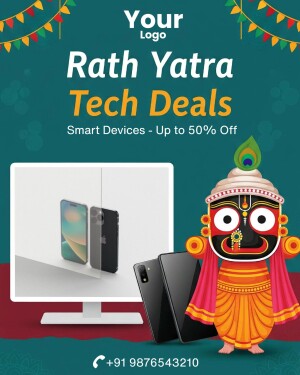 Rath Yatra Tech Deals advertisement featuring smartphones, tablets, and a TV