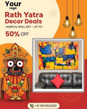 Rath Yatra promotional poster featuring lamps, wall art, and a discount offer.