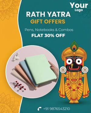 Rath Yatra promotional poster with gift offers on pens, notebooks and combos.