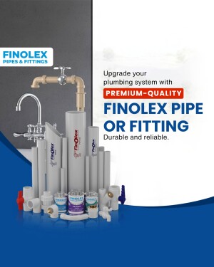 Finolex pipes and fittings displayed with a faucet and plumbing system upgrade message.