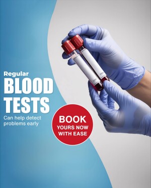 A healthcare professional holding blood test tubes with text promoting regular blood tests and online booking.