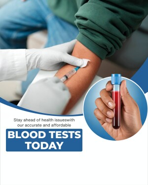 A promotional image for blood tests, showing a healthcare worker drawing blood and a blood vial.