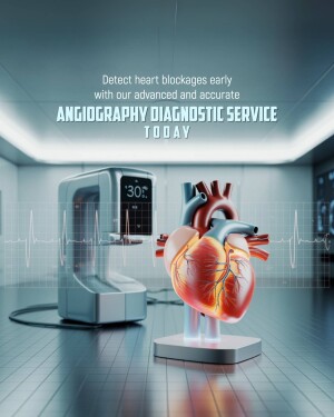Angiography diagnostic machine with a 3D heart model, promoting early heart blockage detection.