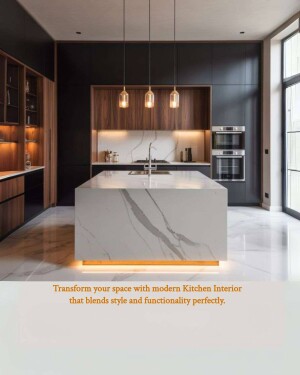 Luxurious modern kitchen with marble island and dark wood cabinets