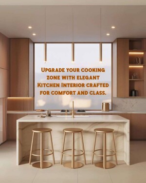 Modern kitchen with a large window and golden accents