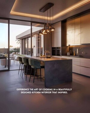 Luxurious modern kitchen interior with a large island and outdoor view